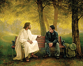 Painting of Jesus talking with a teenager on a bench