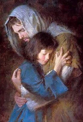 Painting of Jesus hugging a girl